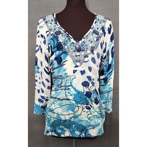 Motive FLATTERING Long Cut V-Neck Sweater Sz L Embellished Bit of Bling NICE TOP